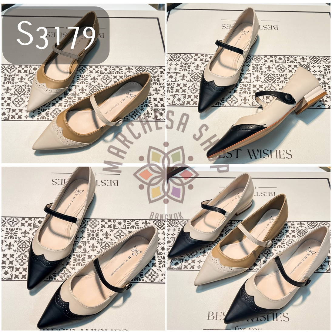 S3179 - 全真皮羊皮雕花一字帶尖頭平底鞋