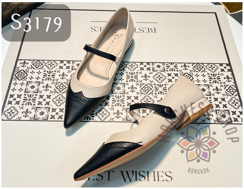 S3179 - 全真皮羊皮雕花一字帶尖頭平底鞋