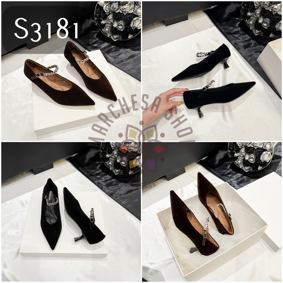 S3181 - 羊皮絲絨字母閃鑽一字帶尖頭高踭鞋