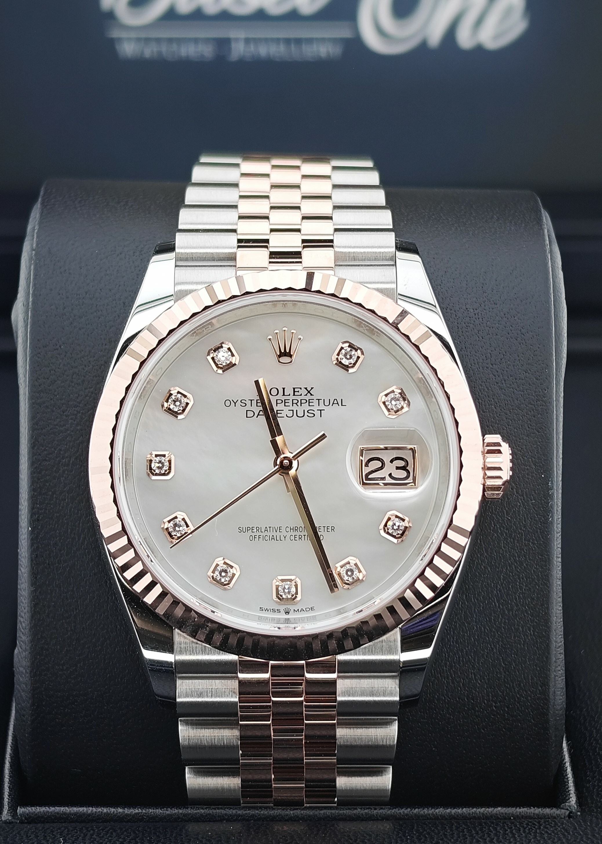 BRAND NEW ROLEX 126231 MOP DIAL WITH DIAMOND ROSE GOLD OYSTERSTEEL DATEJUST JUBILEE STRAP 36 MM