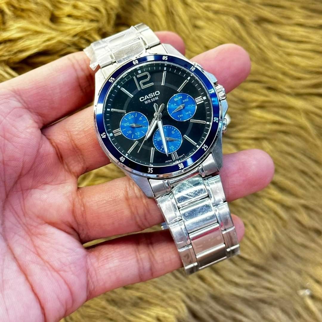 萬年鐘錶 - CASIO 卡西歐  低調奢華三眼不鏽鋼男錶  MTP-1374D-2  錶徑44MM