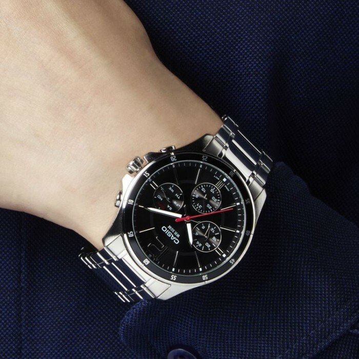 萬年鐘錶 - CASIO 卡西歐  低調奢華三眼不鏽鋼男錶  MTP-1374D-1  錶徑44MM