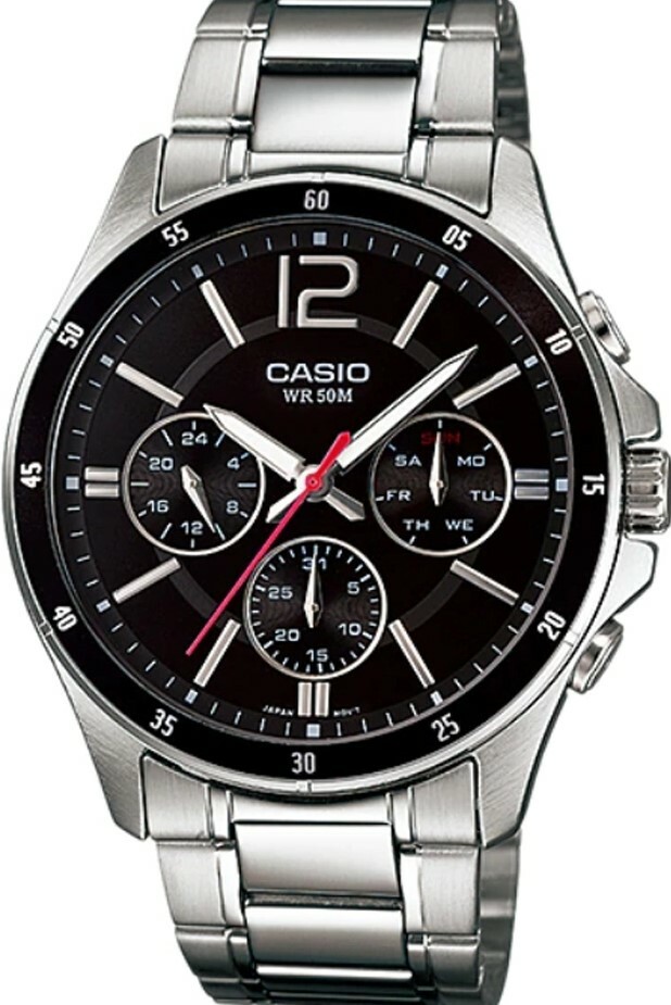 萬年鐘錶 - CASIO 卡西歐  低調奢華三眼不鏽鋼男錶  MTP-1374D-1  錶徑44MM