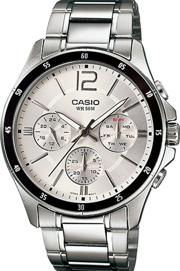 萬年鐘錶 - CASIO 卡西歐  低調奢華三眼不鏽鋼男錶  MTP-1374D-7  錶徑44MM