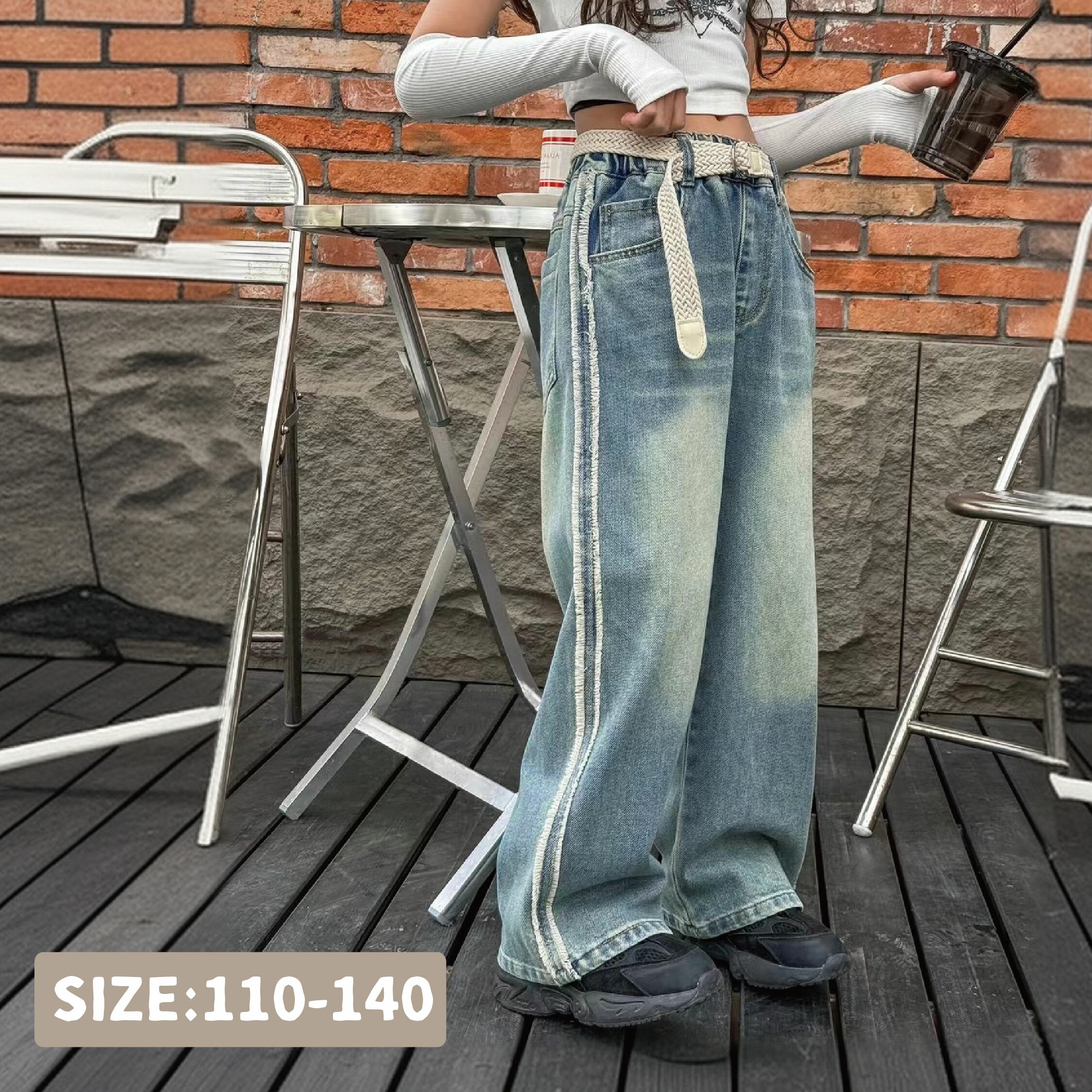 【H35774】帥氣抽鬚質感復古水洗牛仔褲