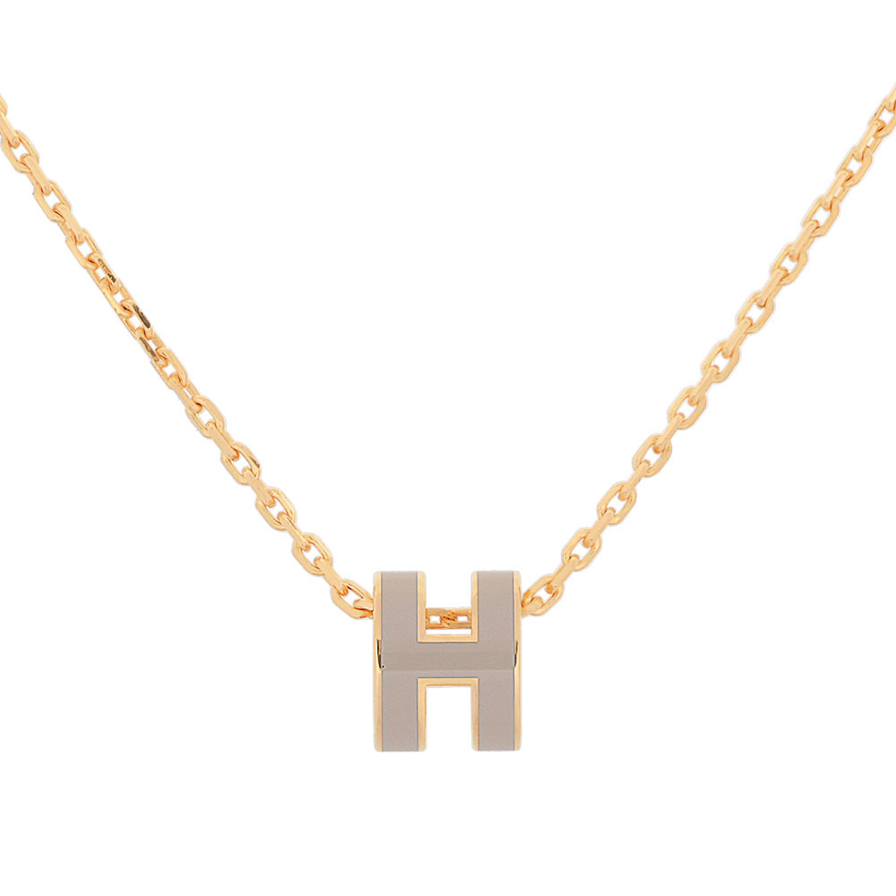 【HERMES】Mini Pop H pendant 立體橢圓簍空項鍊(奶茶色/金色) H147992F 55