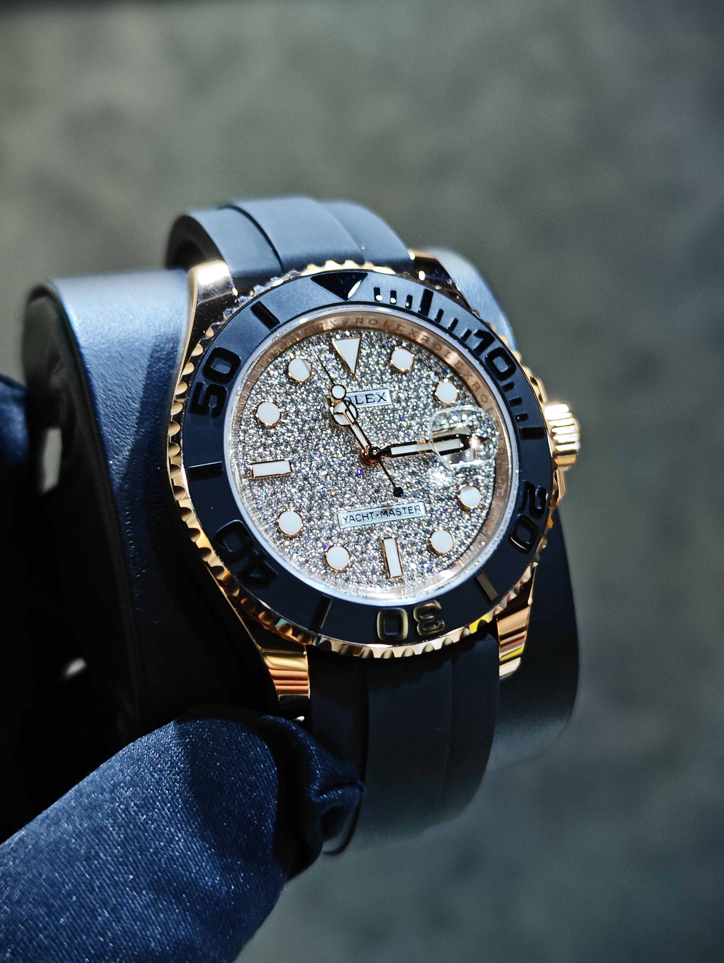 BRAND NEW ROLEX 126655 PAVED DIAMOND RUBBER STRAP YACHT-MASTER ROSE GOLD 40mm