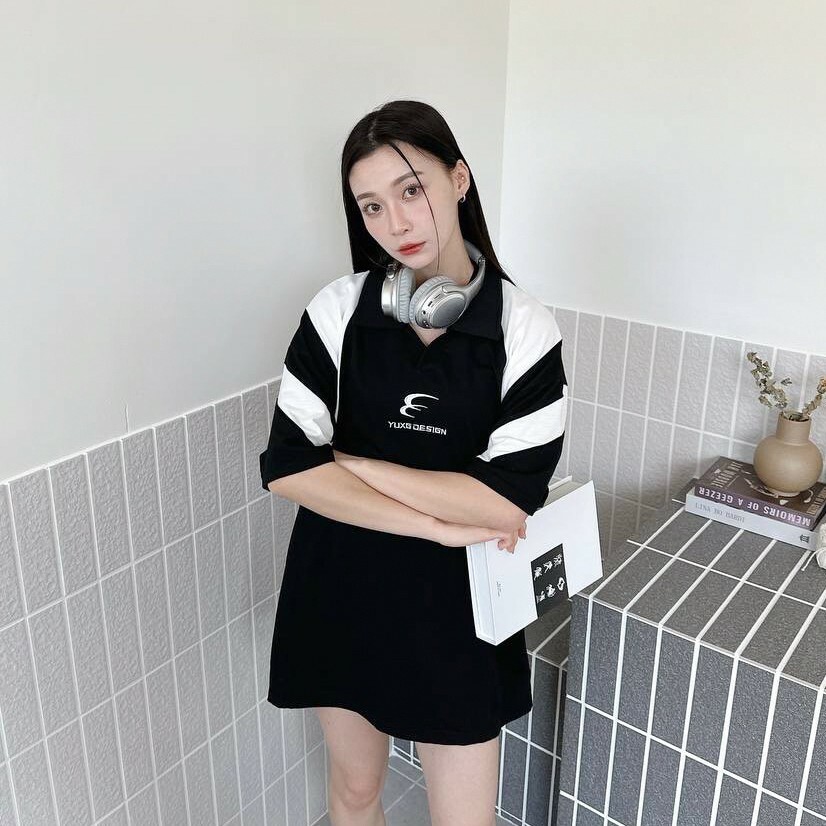 【YUXG DESIGN】肩繡撞色 賽車風 短袖上衣 白/黑 共兩色 18838