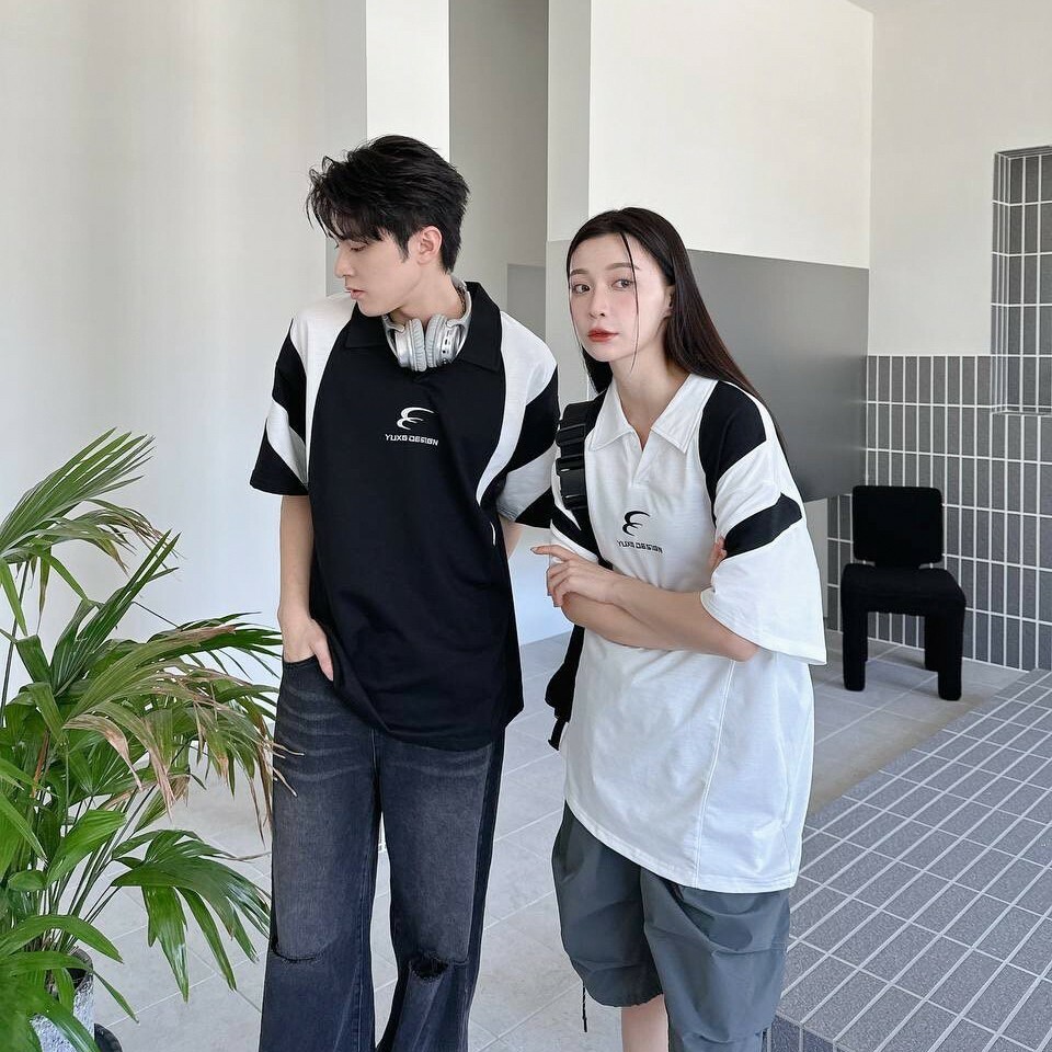 【YUXG DESIGN】肩繡撞色 賽車風 短袖上衣 白/黑 共兩色 18838