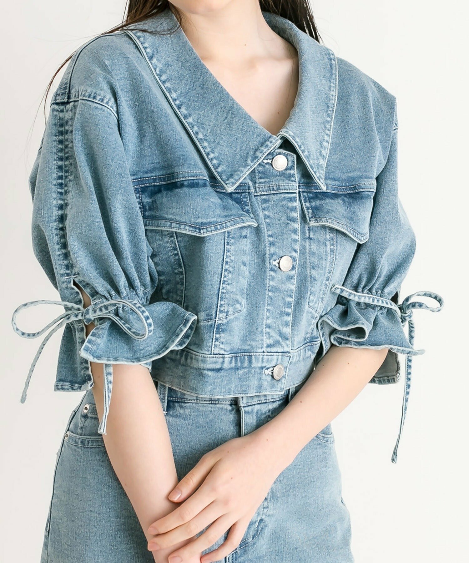 預購 - JP 袖蝴蝶結短袖牛仔外套