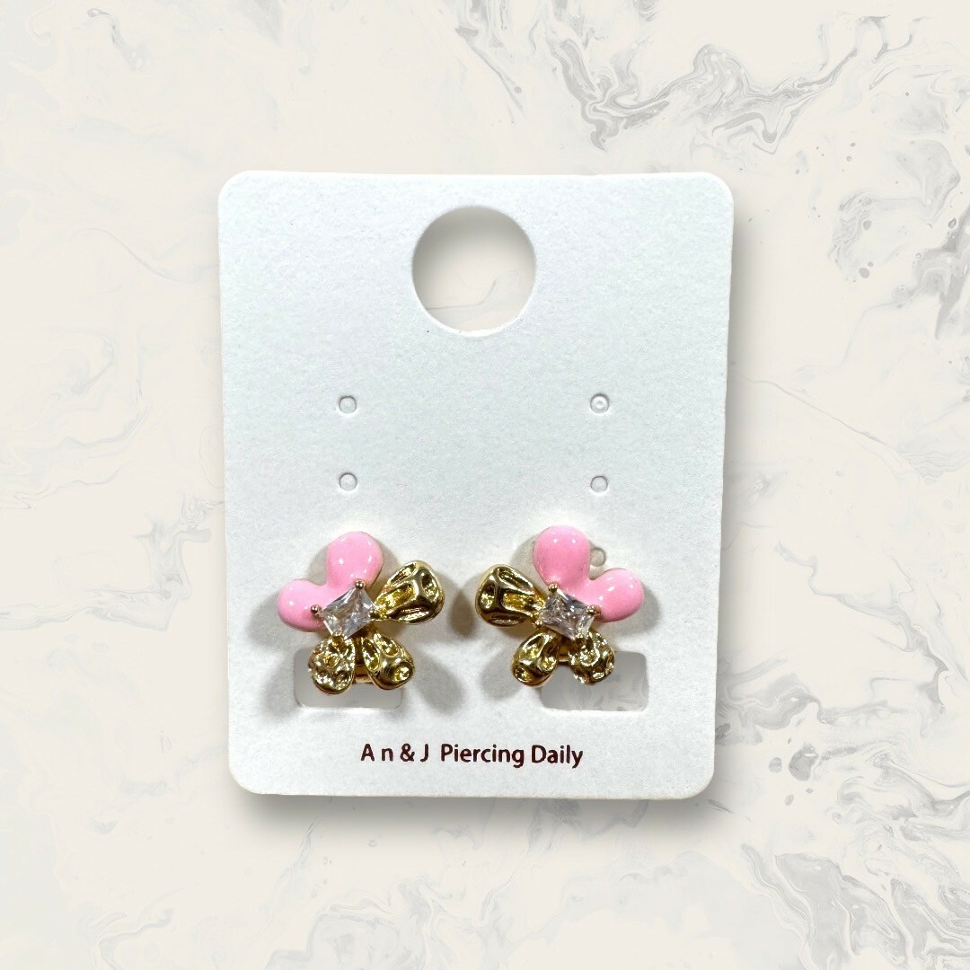 韓國直送-夾式 半凹凸金面半粉色中鋯五瓣花 鍍14K