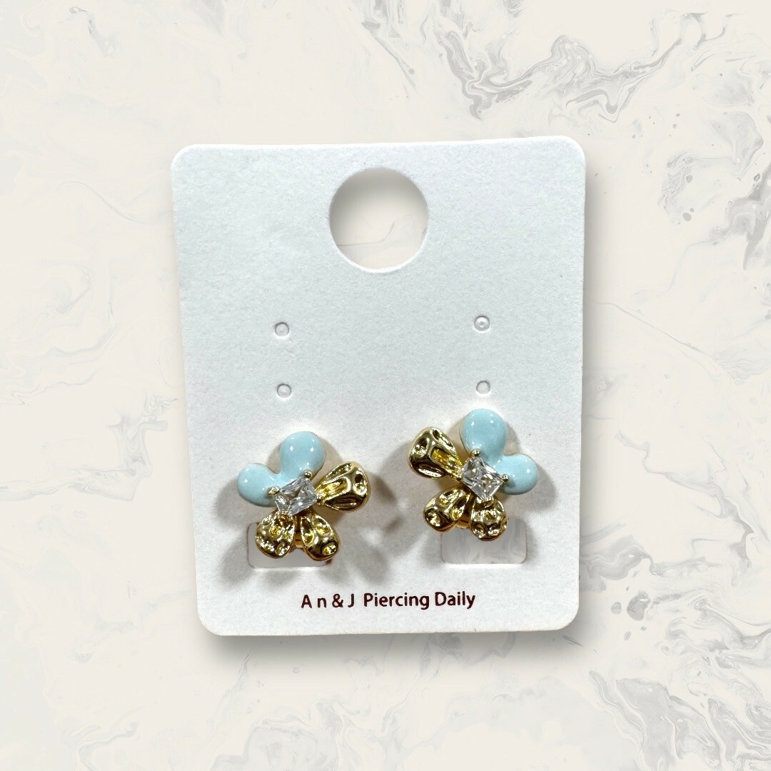 韓國直送-夾式 半凹凸金面半粉色中鋯五瓣花 鍍14K