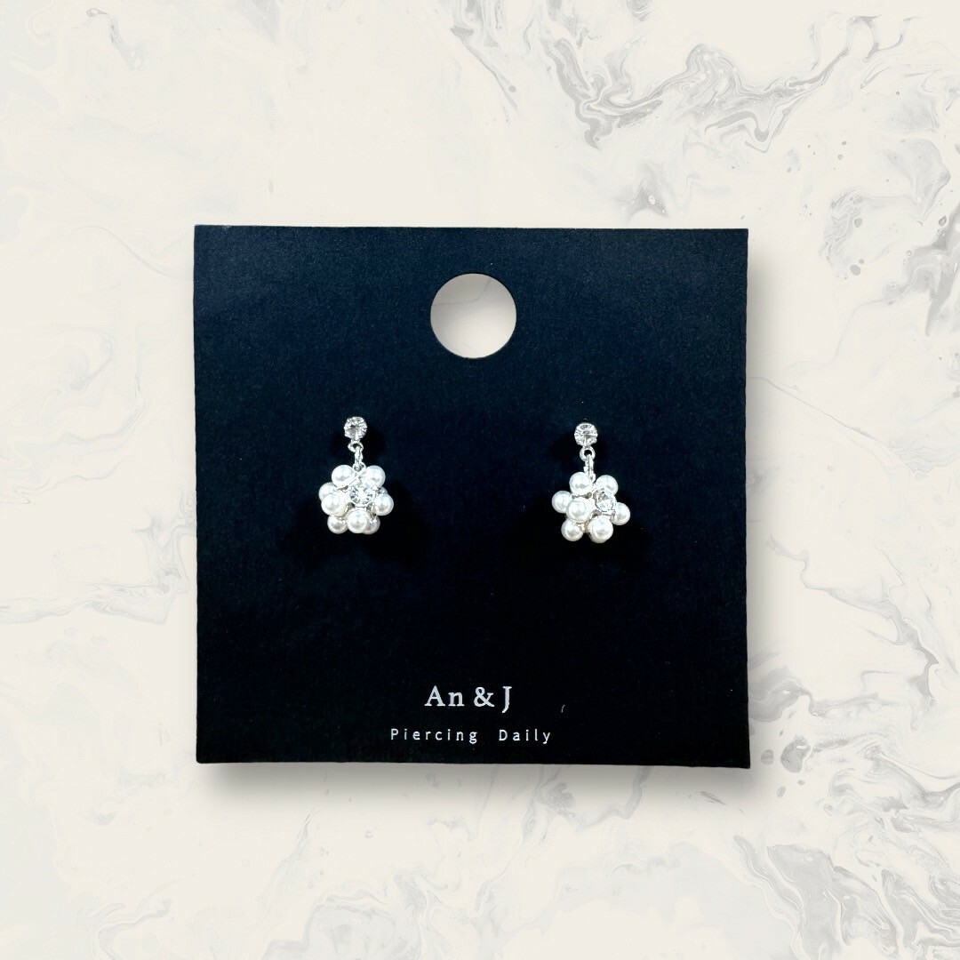 韓國直送-鋼針 小鋯吊珍珠+小鋯繡球 鍍14K