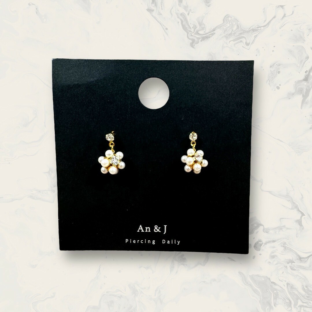 韓國直送-鋼針 小鋯吊珍珠+小鋯繡球 鍍14K