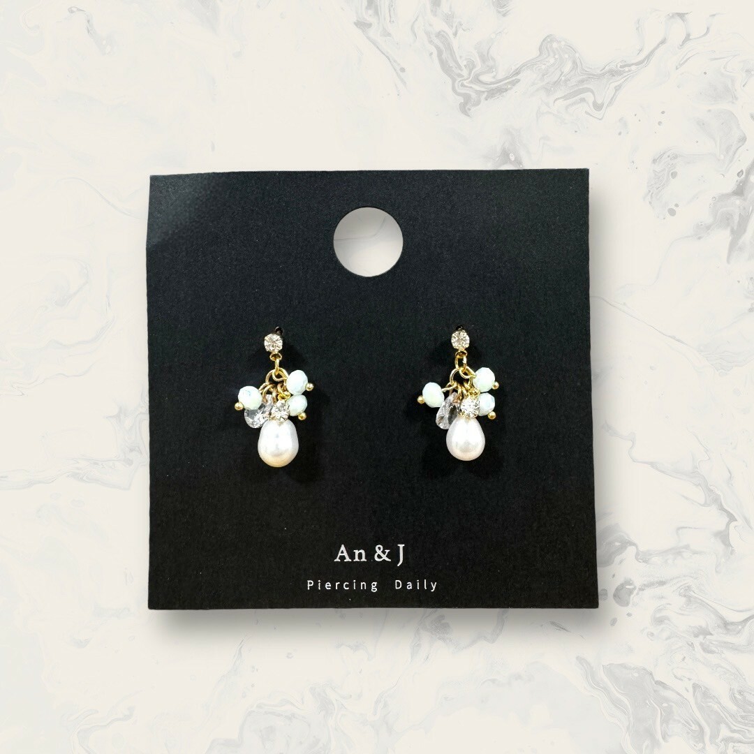 韓國直送-鋼針 小鋯吊多面晶球+裸水滴鋯+水滴珍珠 水晶鑽 鍍14K