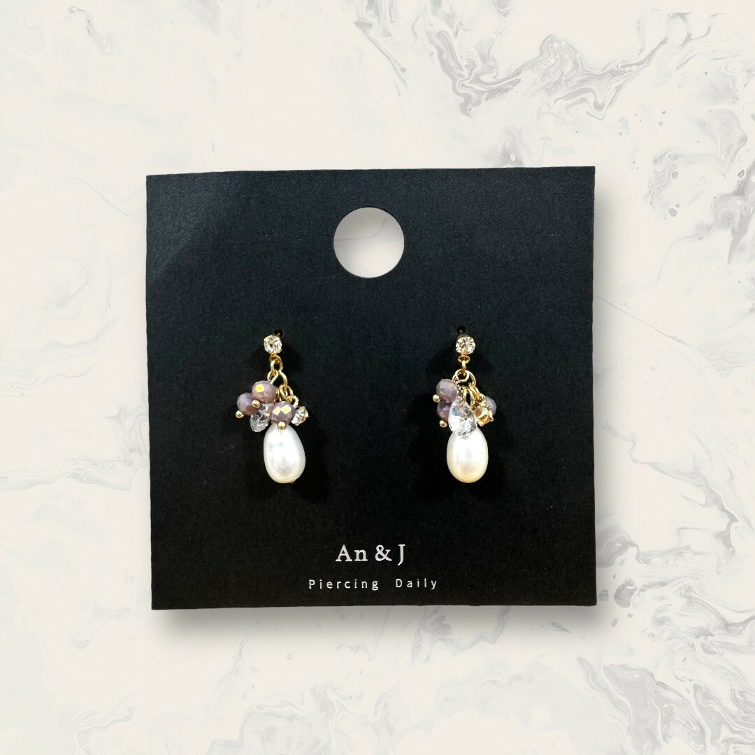 韓國直送-鋼針 小鋯吊多面晶球+裸水滴鋯+水滴珍珠 水晶鑽 鍍14K