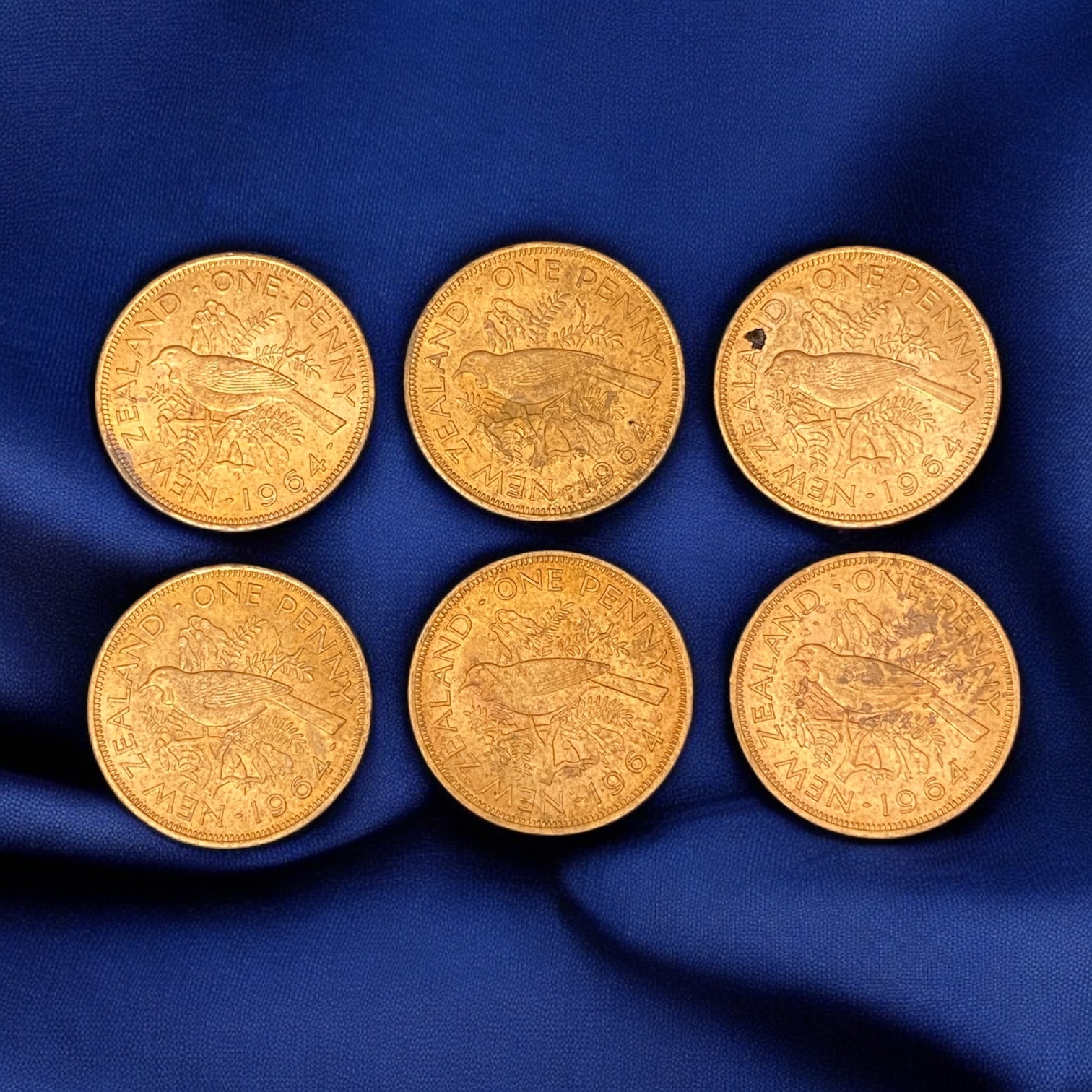1964 New Zealand One Penny Copper Coins - Set of 6