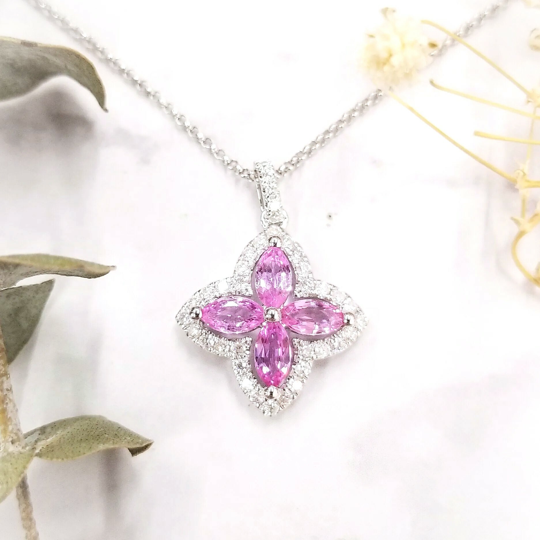 18K White Gold 1.19ct Pink Sapphire and Diamond Pendant