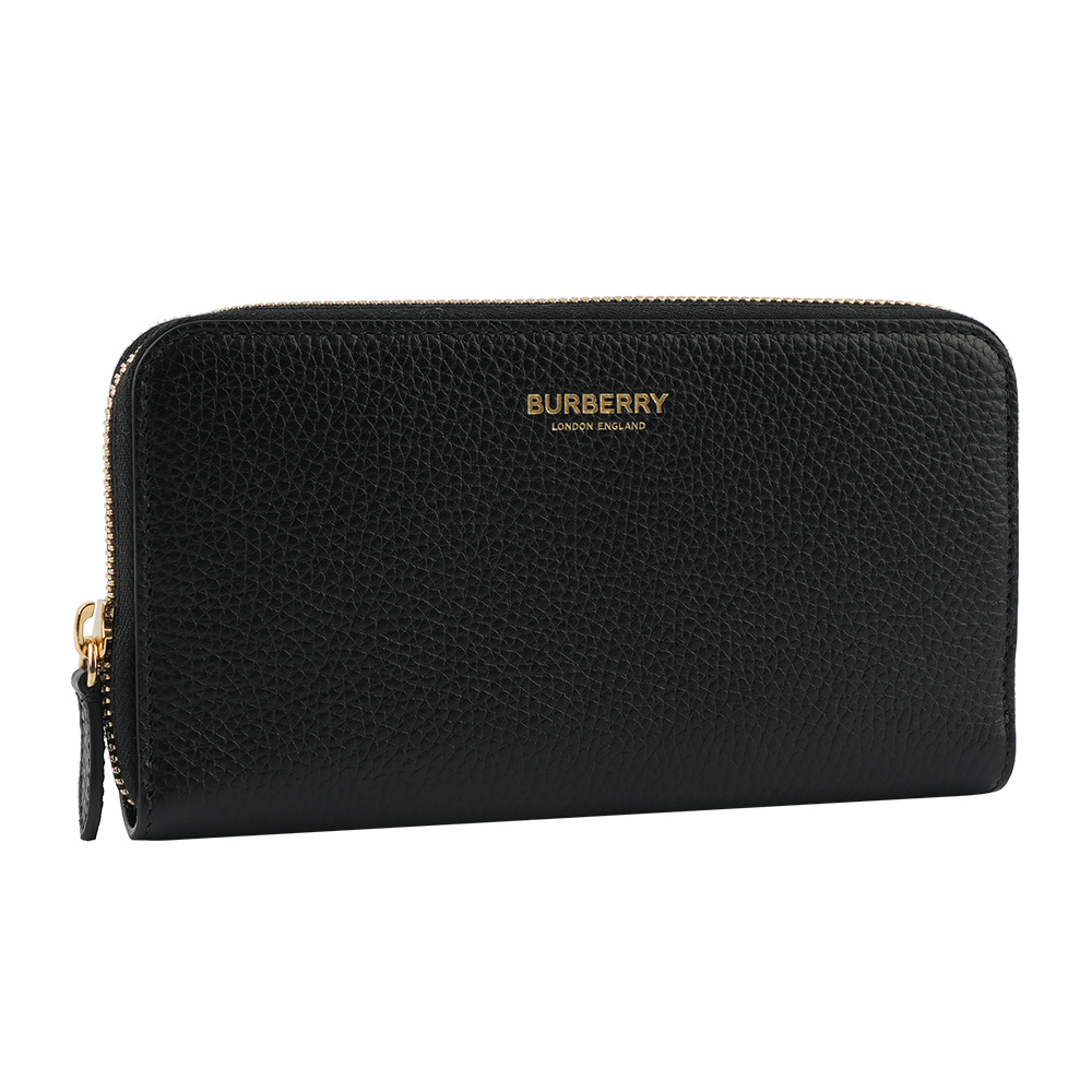 【BURBERRY】金字Logo 燙印粒紋牛皮ㄇ形拉鏈長夾(黑色) 80840411