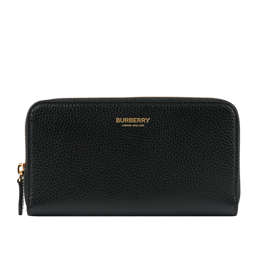 【BURBERRY】金字Logo 燙印粒紋牛皮ㄇ形拉鏈長夾(黑色) 80840411