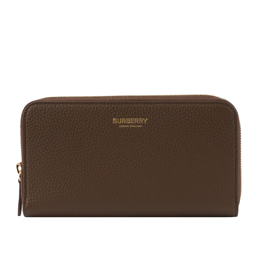 【BURBERRY】金字Logo 燙印粒紋牛皮ㄇ形拉鏈長夾(土棕色) 80846041