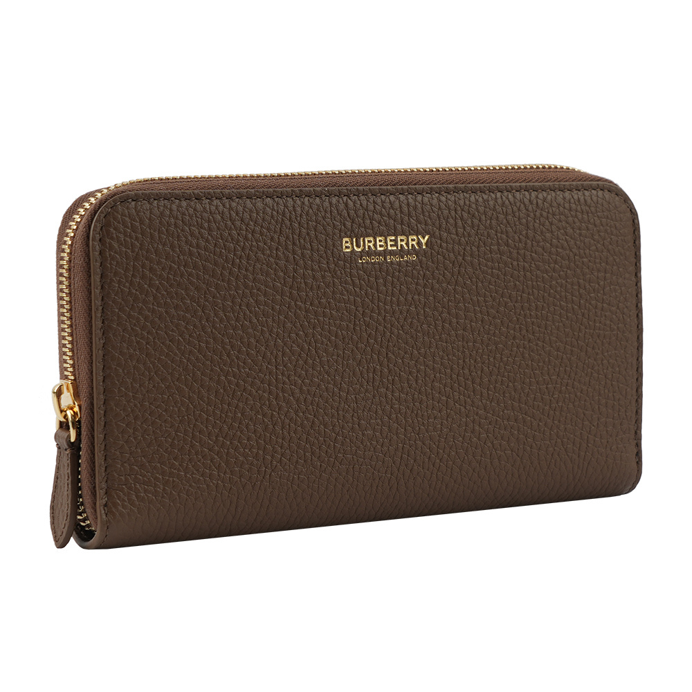 【BURBERRY】金字Logo 燙印粒紋牛皮ㄇ形拉鏈長夾(土棕色) 80846041