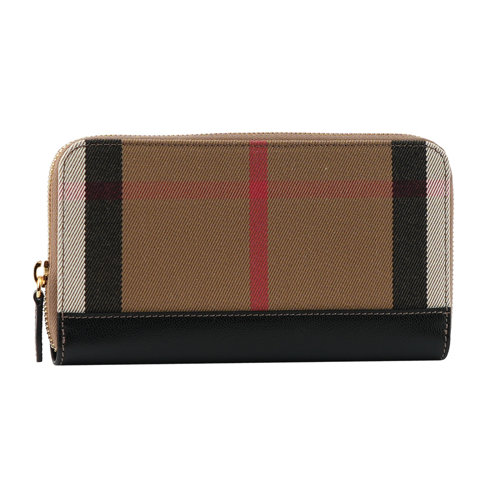 【BURBERRY】格紋拼皮革ㄇ型拉鍊長夾