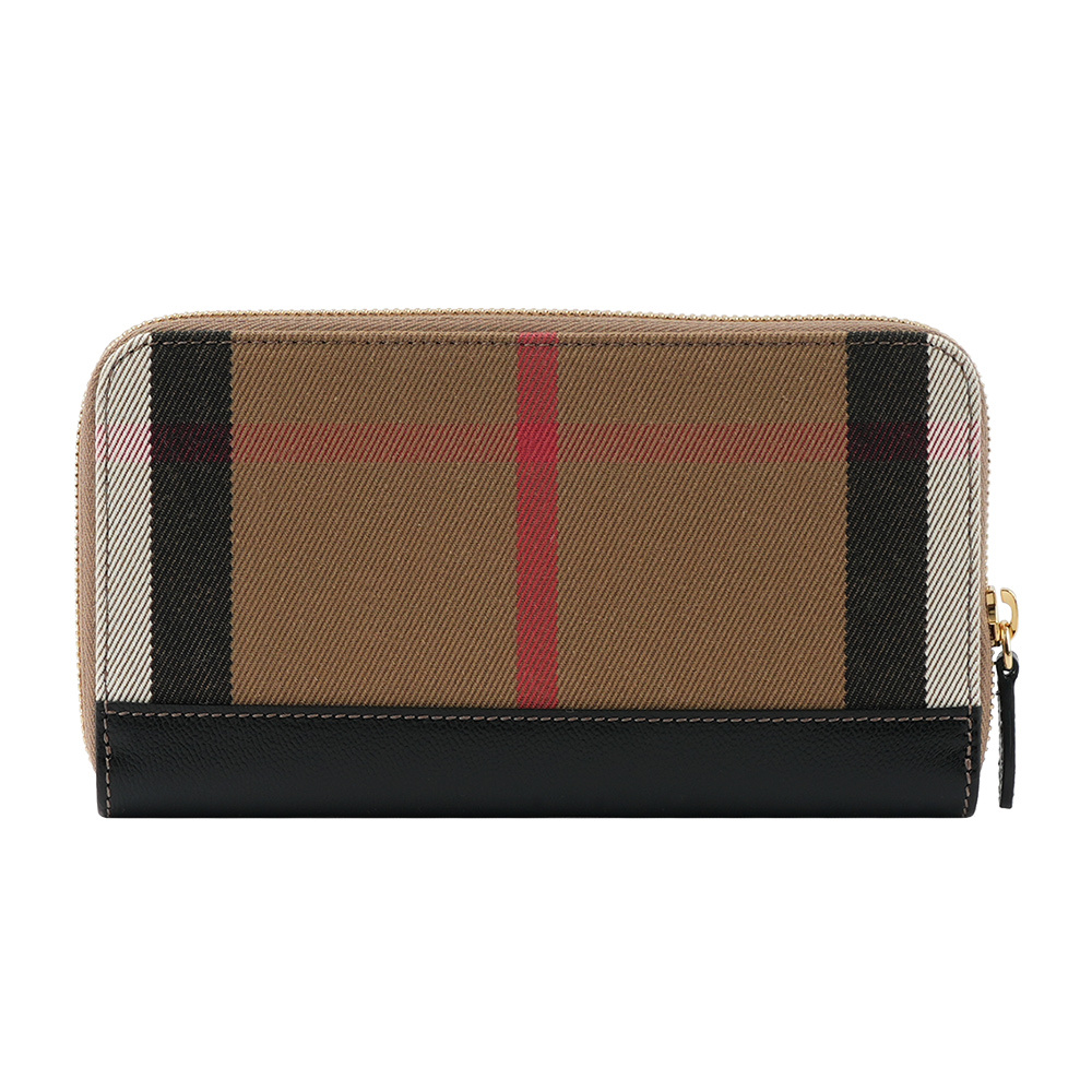 【BURBERRY】格紋拼皮革ㄇ型拉鍊長夾(黑色) 80840291