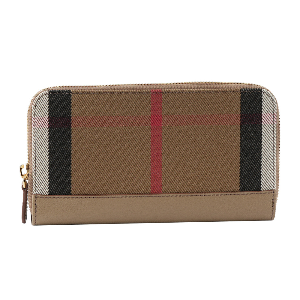 【BURBERRY】格紋拼皮革ㄇ型拉鍊長夾