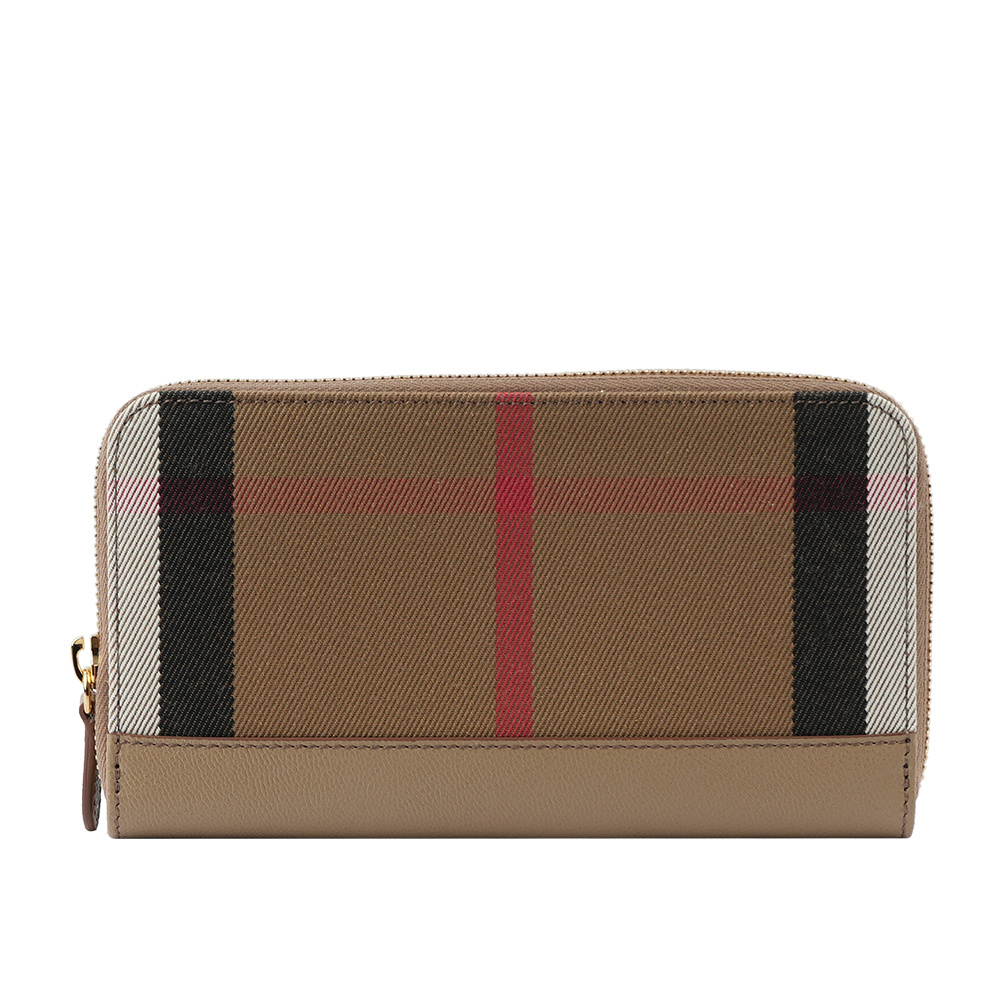【BURBERRY】格紋拼皮革ㄇ型拉鍊長夾