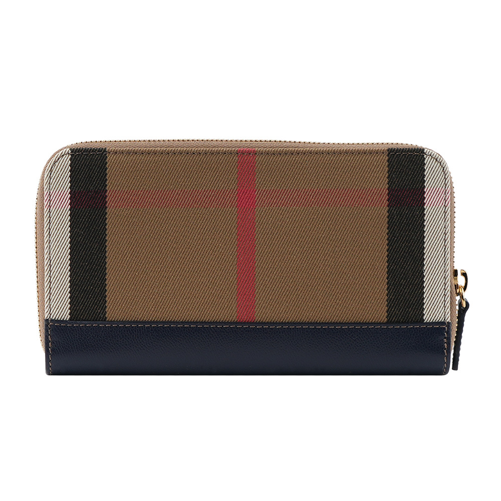 【BURBERRY】格紋拼皮革ㄇ型拉鍊長夾(海軍藍) 80845161