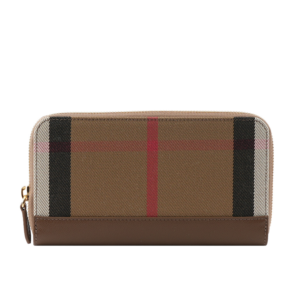 【BURBERRY】格紋拼皮革ㄇ型拉鍊長夾