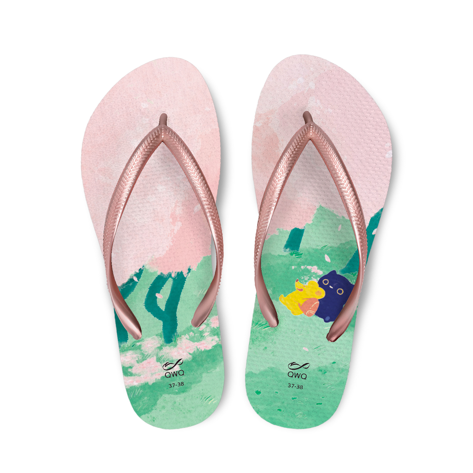 拾點十分10:10聯名 櫻花漫舞 女款細帶人字夾腳拖鞋 粉金