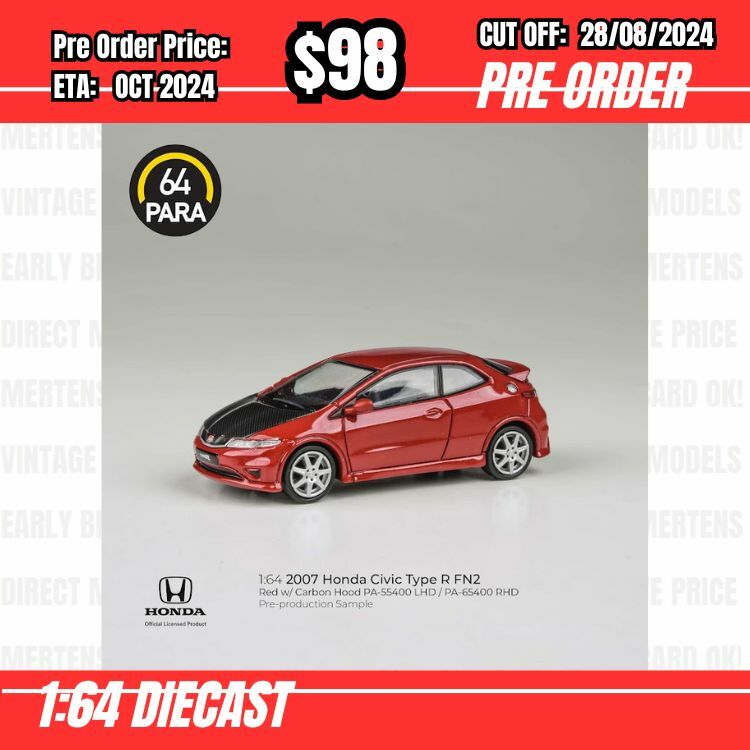 PO-$98  * Para64 * 1:64 2007 Honda Civic Type R FN2 Red/carbon hood RHD [OD23/08]