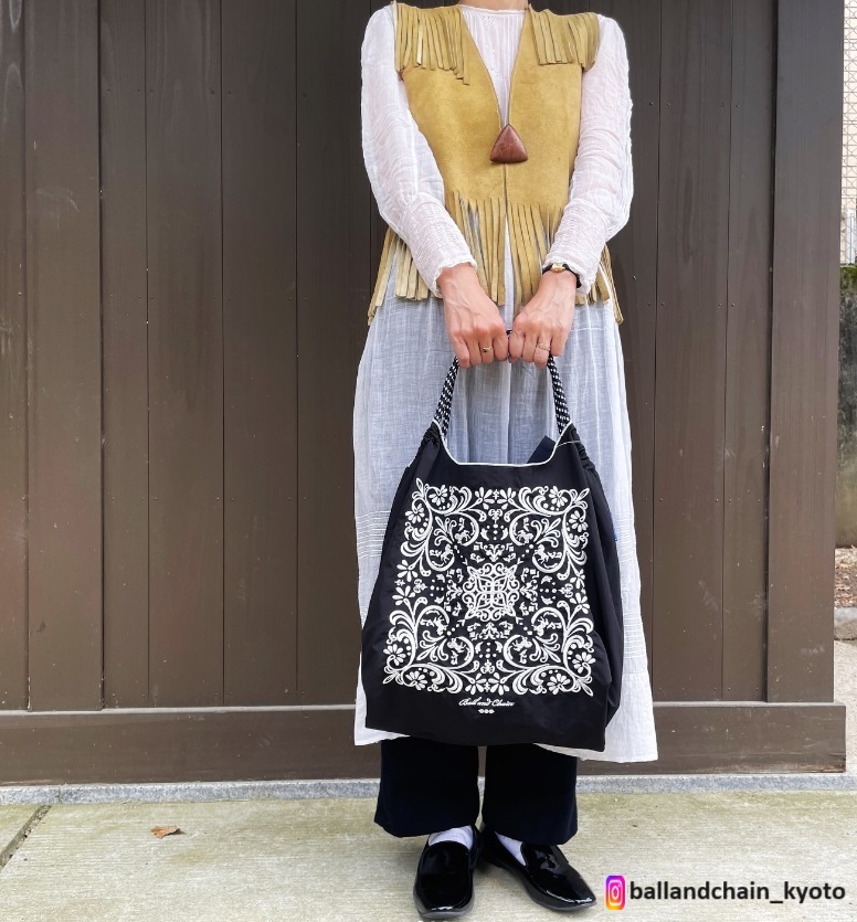 Ball＆Chain 刺繡環保購物袋 M號 - 黑 (30102501)