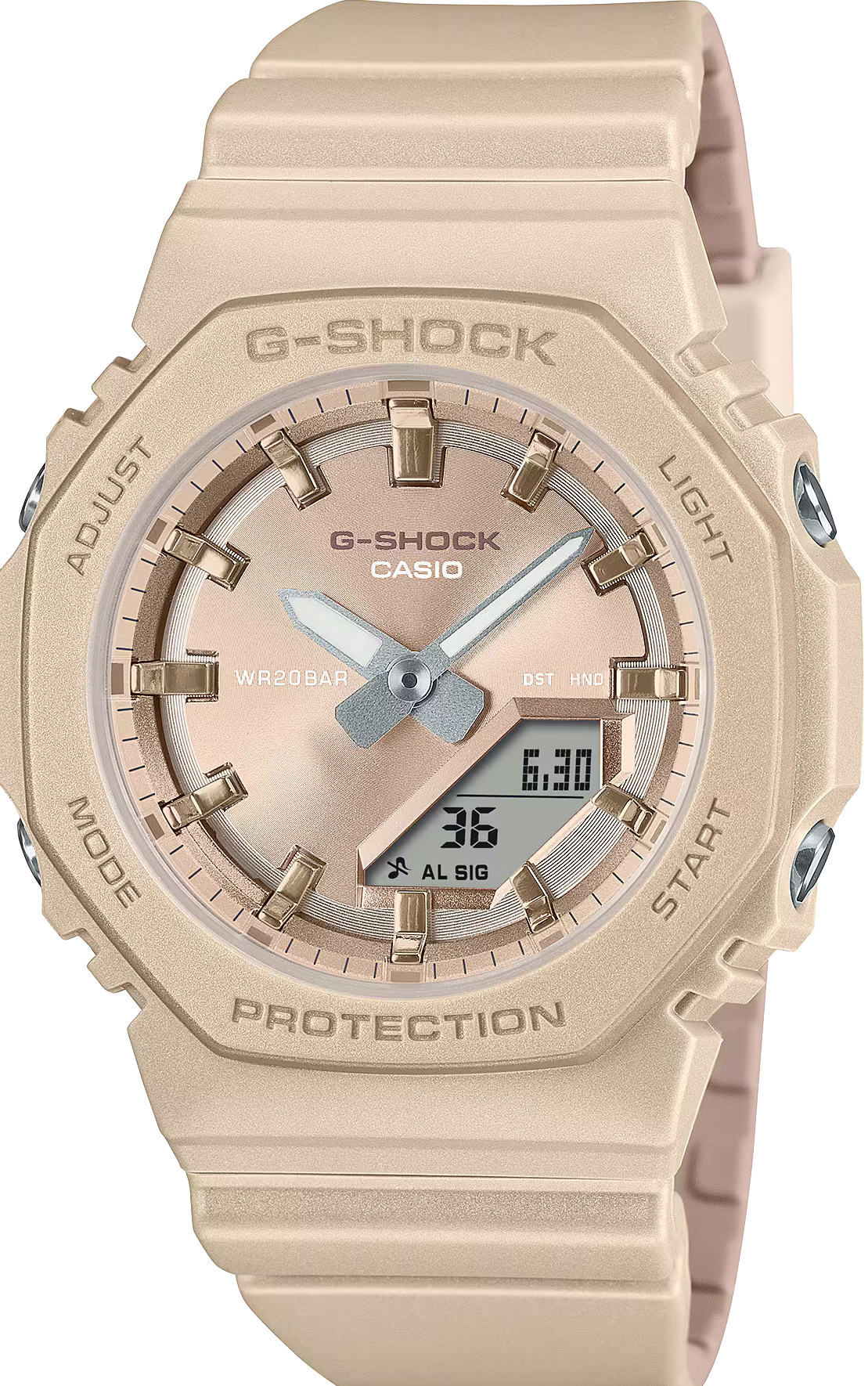 萬年鐘錶 - G-SHOCK   緞面奶茶珠光色系纖薄精緻八角電子錶 GMA-P2100ST-9A  錶徑 : 40.2mm