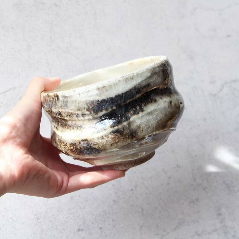 黑墨染紙柴燒茶碗