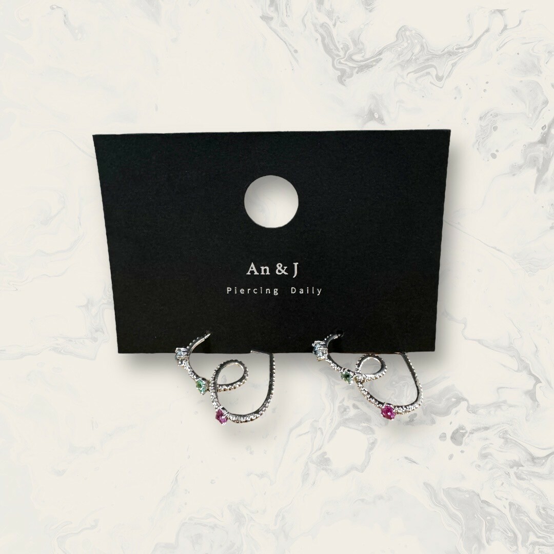 韓國直送-銀針 排列線鋯+反鑲鋯+彩鋯打圈愛心C圈 鍍14K