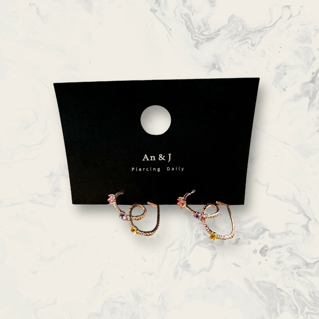 韓國直送-銀針 排列線鋯+反鑲鋯+彩鋯打圈愛心C圈 鍍14K