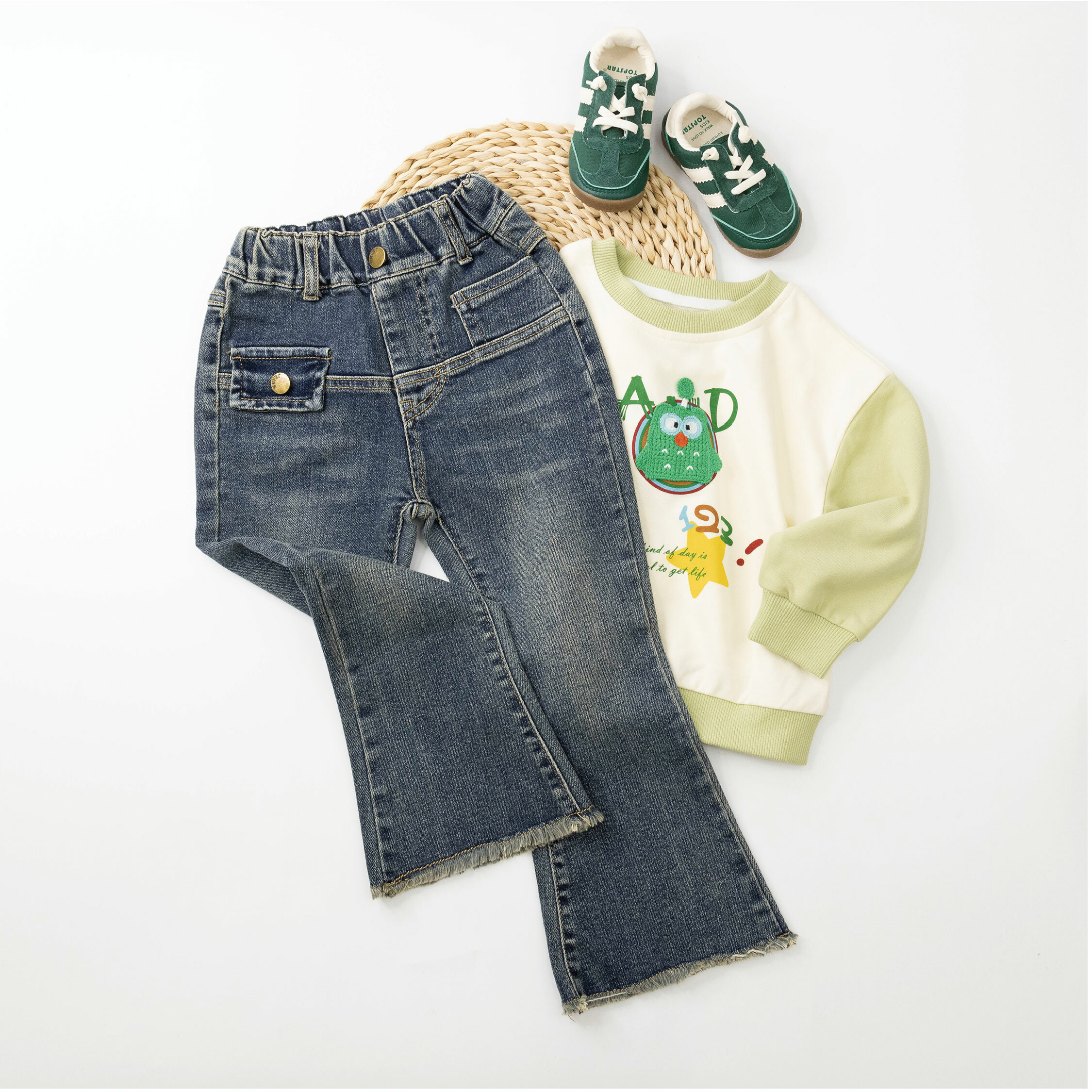 【H35773】金屬刷色抽鬚牛仔小喇叭長褲