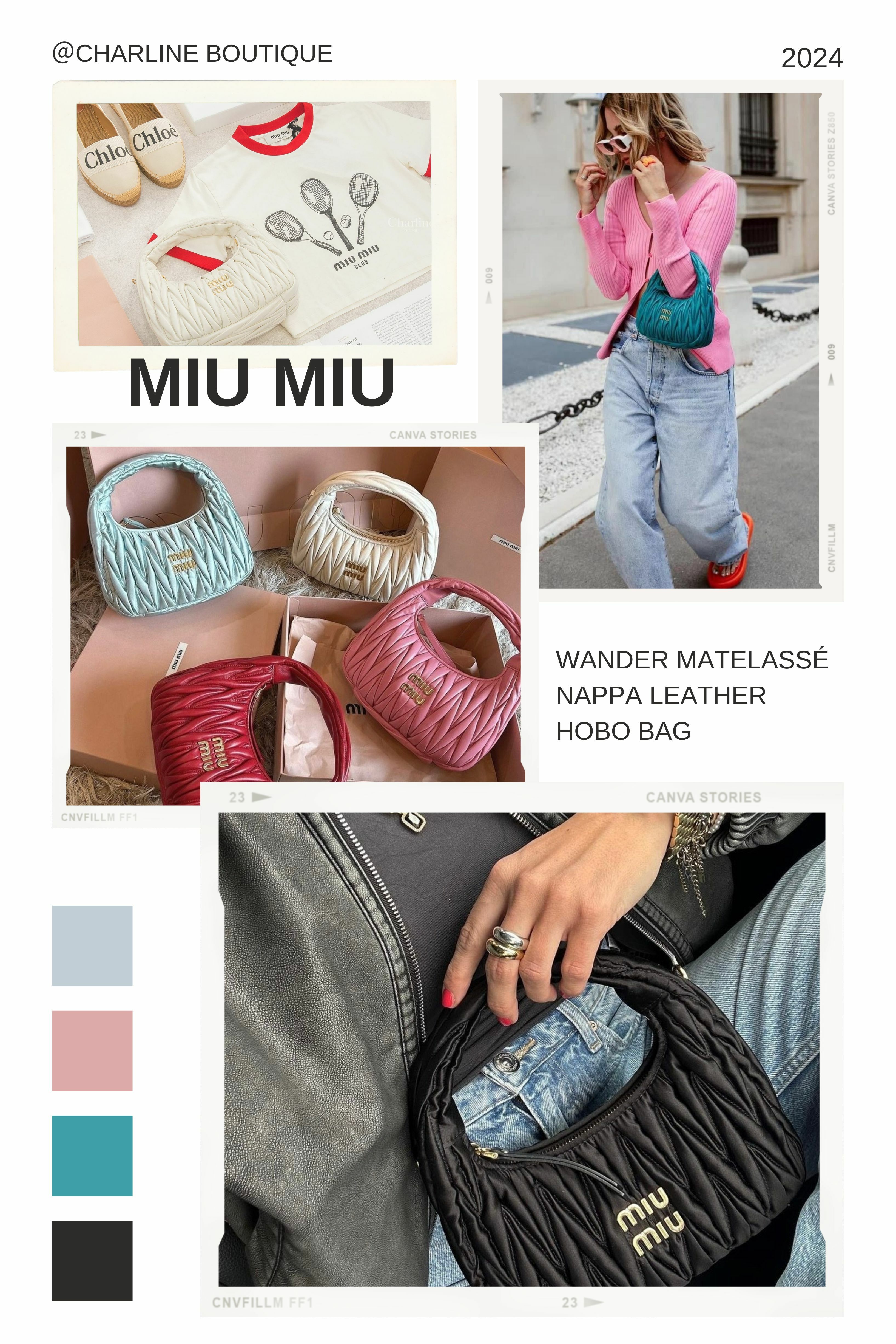 Wander Matelassé Nappa Leather Hobo Bag  說到讓Miu Miu再創高峰的包就不可以不提到他了，手提時優雅復古大小姐，斜背時化身鬼馬精靈美少女。經典的褶皺設計一眼便能識別出的品牌，搭配精致的細節，讓人一眼就愛上。除了好看是不夠的，追求實際的我們，也是非常注重實用性。他不僅可以當成腋下包，也能單肩背，甚至是斜挎，可以說是把所有背法都全包了，就是一個可以天天拿出門的包包！