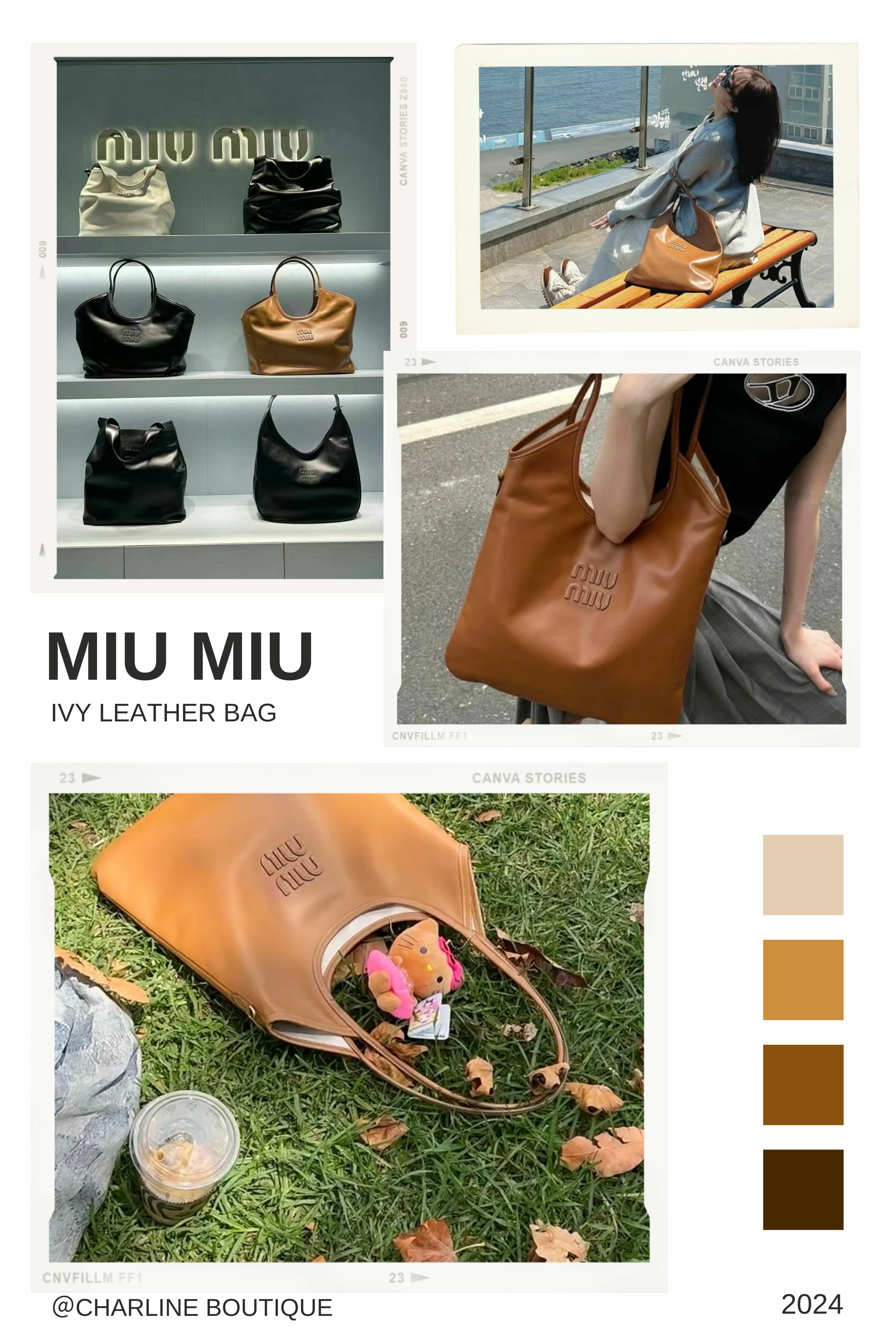 Ivy Leather Bag  最近又是大包的天下，大家終於不再只追求迷你廢包了，miumiu看準了這個機會，出了鬆弛感滿滿的 Ivy 托特包，簡直可以說是神包一枚。這一款目前只有全皮的款式，不過有分三個尺寸，雖然三個尺寸皆是全皮，但重量非常之輕盈，難怪會深受通勤族的喜愛，看上去既低調，也不太會有過時的風險。難怪可以成為專櫃的熱門爆款。