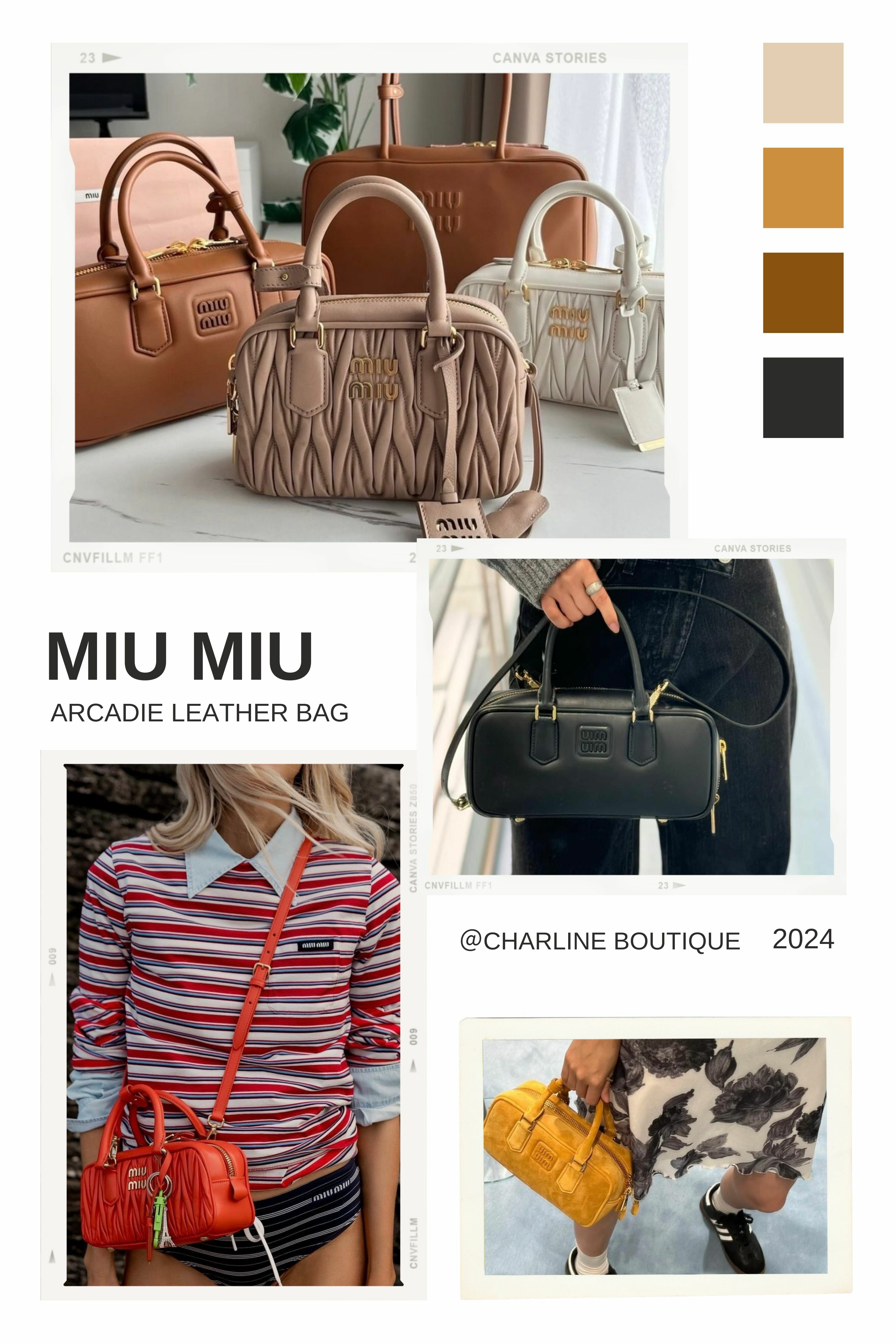 Arcadie Leather Bag  復古回潮你不可以沒有Miu Miu的這款保齡球包！方方正正的有種書呆子呆萌呆萌的感覺，可就是因為這一點讓大家愛不釋手，簡潔大方的造型很容易就能凸顯出高貴與精致。隨手拎著就超顯個性。另外他的材質除了全皮革款之外，也有推出皺摺款以及今年秋冬最新的麂皮，也是一上市就售罄，不拼手速都不行！恰到好處的尺寸讓他成為我們日常的愛包之一。