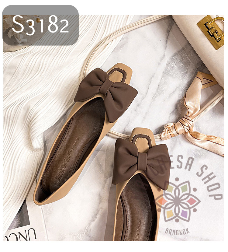 S3182 - 牛皮拼色大蝴蝶結車綫尖方頭平底鞋