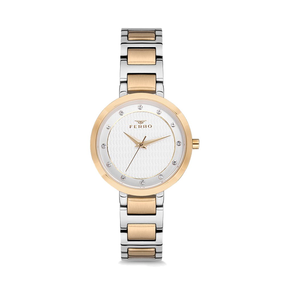 【FERRO 費羅】81969 立體浮雕錶盤 晶鑽小時標 不鏽鋼腕錶