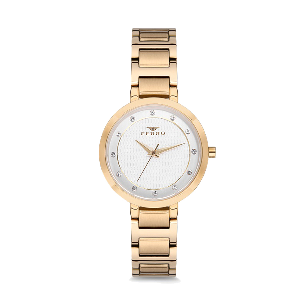 【FERRO 費羅】81969 立體浮雕錶盤 晶鑽小時標 不鏽鋼腕錶