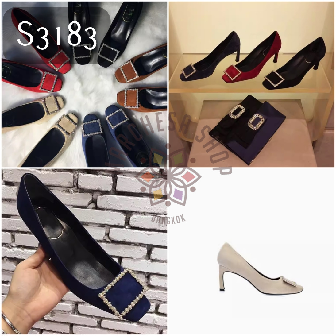 S3183 - 全真皮羊猄皮方閃鑽方頭高踭鞋