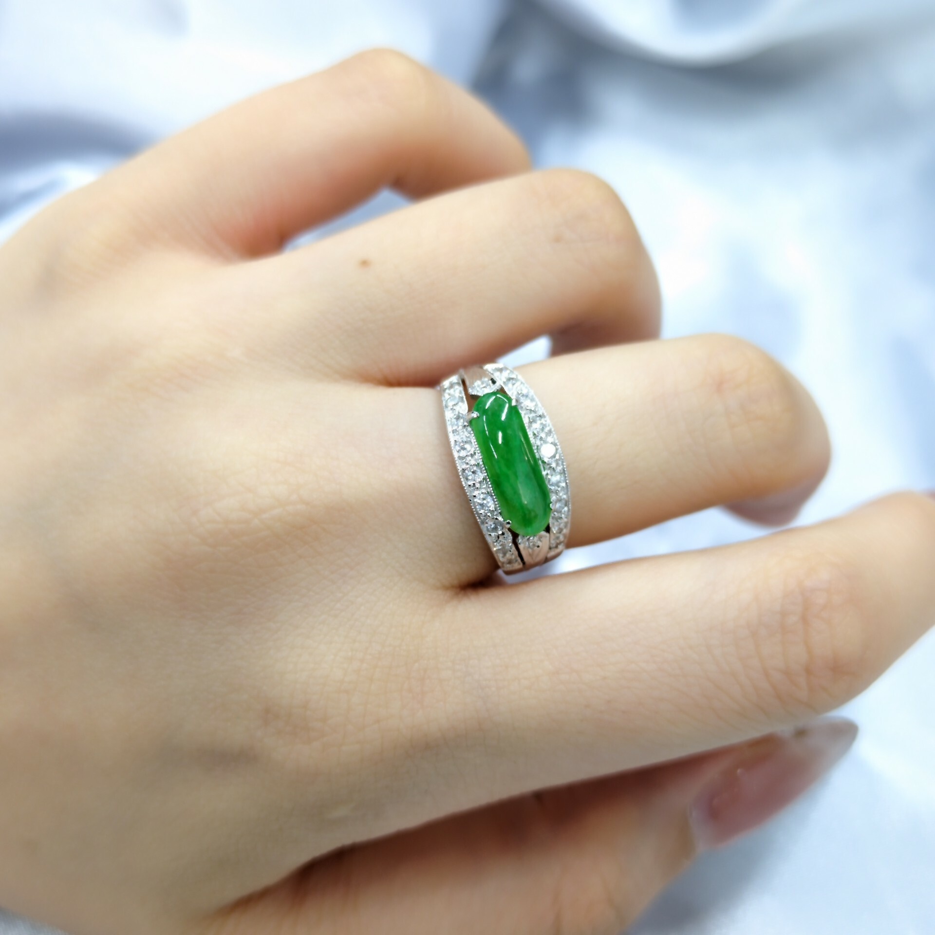 White White Gold Jade and 0.30ct Diamond Ring