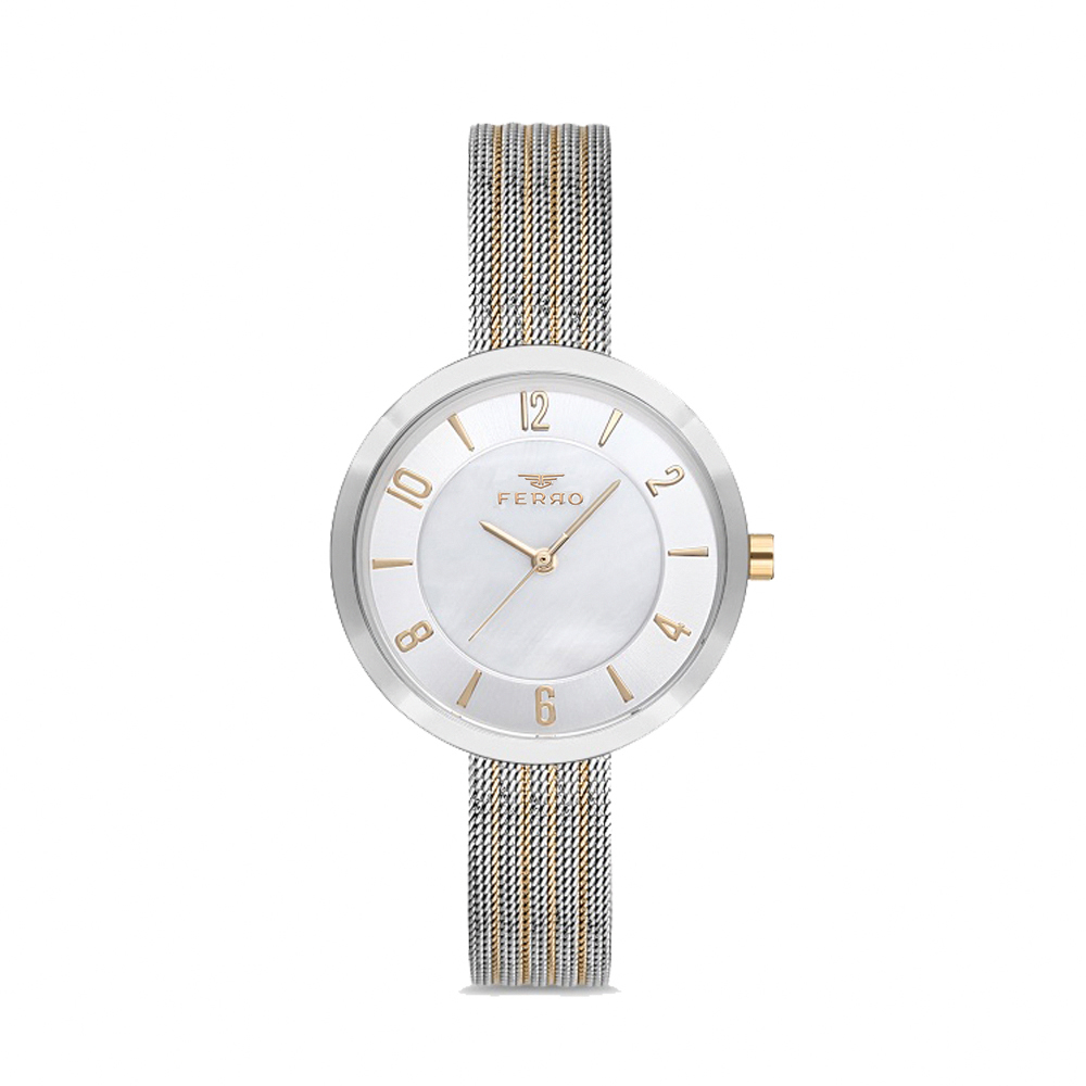 【FERRO 費羅】F1908 同心圓 貝殼錶盤 米蘭針織 不鏽鋼 手錶 -