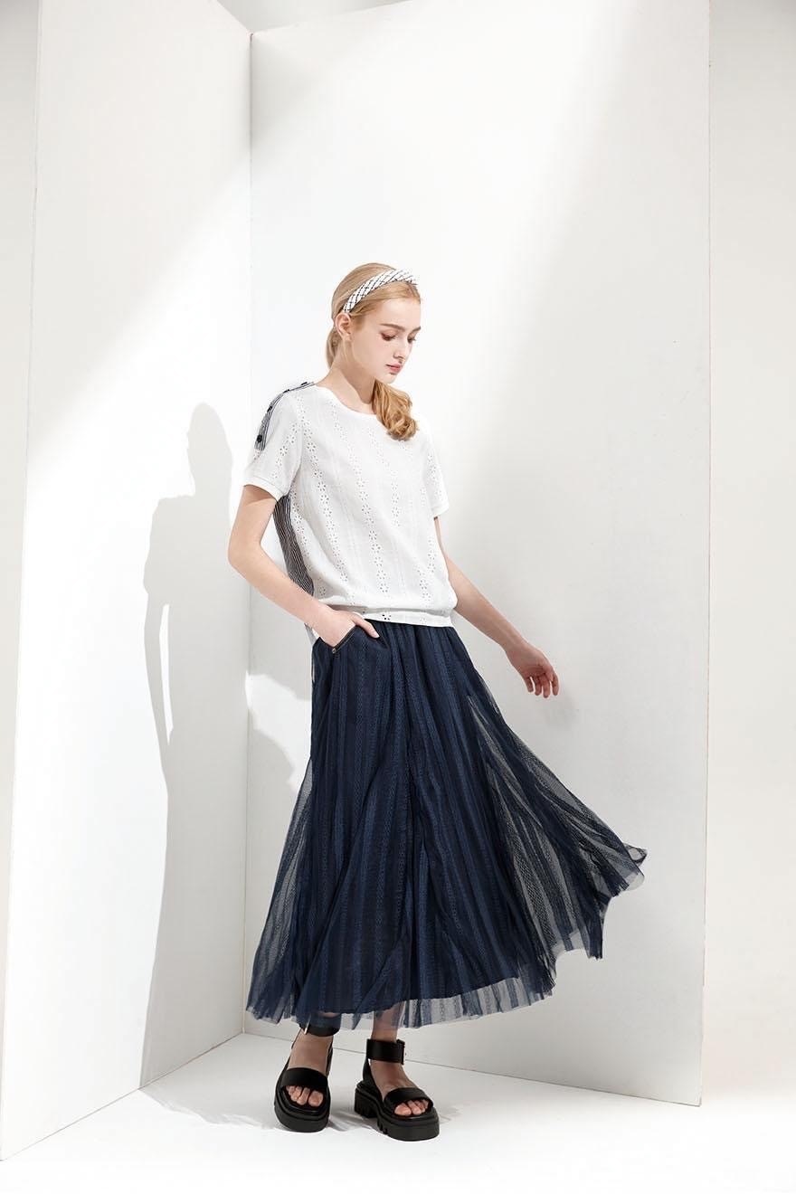 韓潮流牛仔拼接甜美蕾絲網個性剪裁修身長紗裙U6601